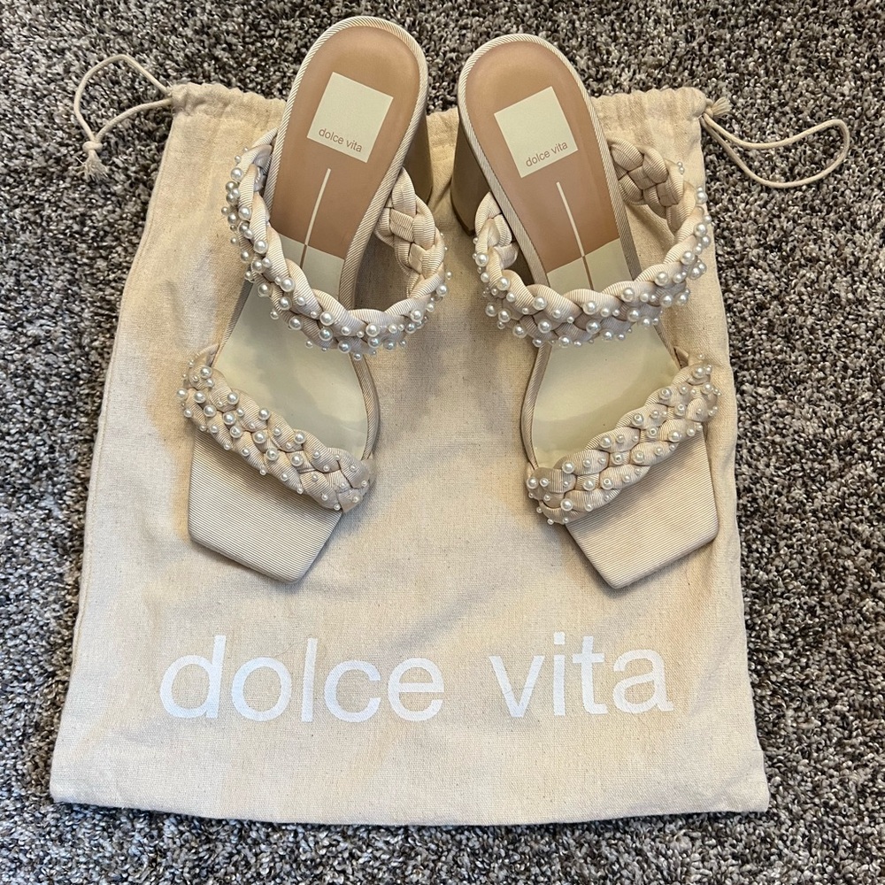 Dolce Vita Cream Slide Sandals with Pearl Details